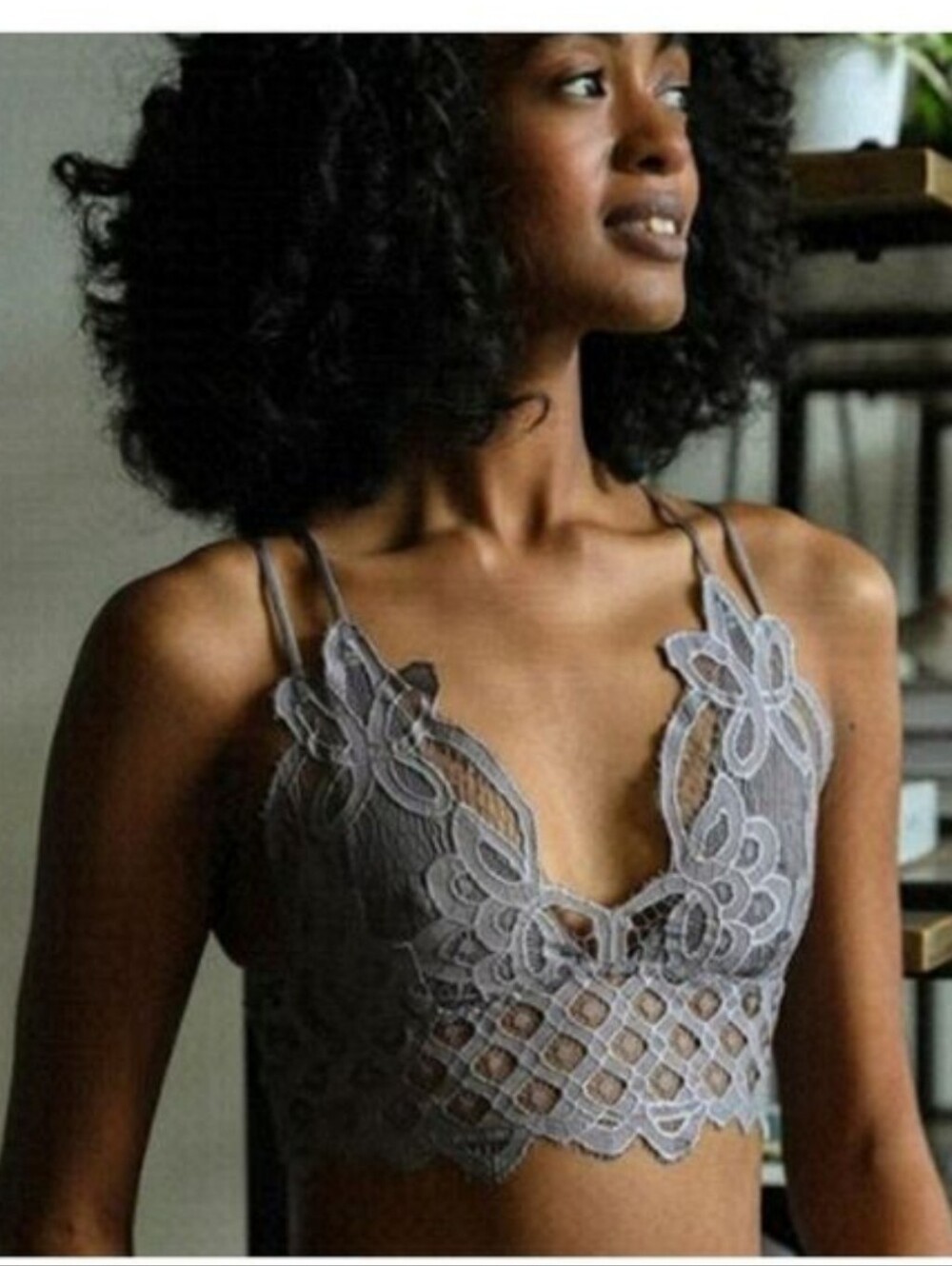 TRÏBE Gray Crochet Lace Longline Boho Bralette Size Medium NWT